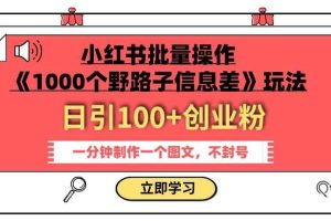 小红书批量操作《1000个野路子信息差》玩法，一分钟制作一个图文，不封号，日引100+创业粉