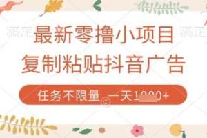 最新零撸小项目，复制粘贴抖音广告即可挣钱，平台大水，任务不限量，一天数张【揭秘】
