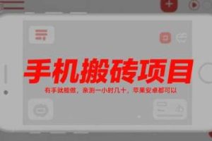 手机搬砖项目，有手就能做，亲测一小时几十，苹果安卓都可以