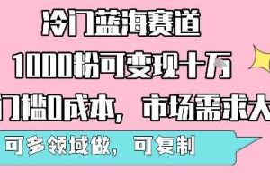 冷门蓝海赛道，1000粉可变现十W，无门槛0成本，市场需求大，可多领域做，可复制性强
