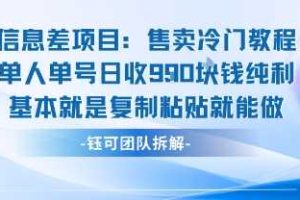 信息差项目：售卖冷门教程单人单号日收9张纯利基本就是复制粘贴就能做