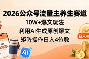 2026公众号流量主养生赛道，10W+爆文玩法，利用AI生成原创爆文，矩阵操作日入4位数