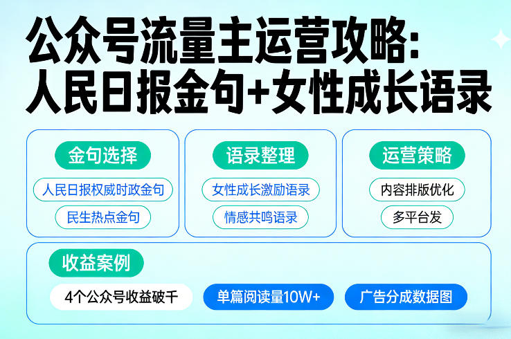 利用人民日报金句+女性成长语录做公众号流量主，4个公众号收益破千