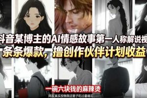 抖音某博主的AI情感故事第一人称解说视频教学，条条爆款，撸创作伙伴计划收益
