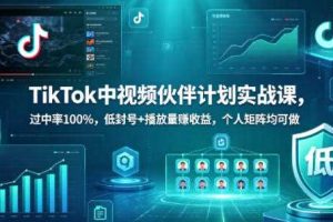 TikTok中视频伙伴计划实战课,过中率100%,低封号+播放量賺收益,个人矩阵均可做