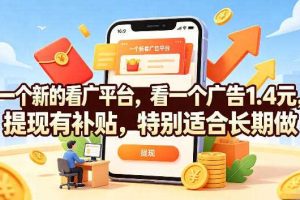 一个新的看广平台,看一个广告1.4元,提现有补贴,特别适合长期做【揭秘】