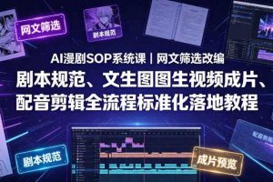 AI漫剧SOP系统课｜网文筛选改编、剧本规范、文生图图生视频成片、配音剪辑全流程标准化落地教程（更新）