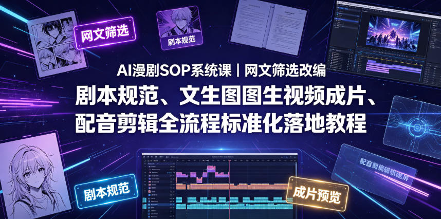 AI漫剧SOP系统课｜网文筛选改编、剧本规范、文生图图生视频成片、配音剪辑全流程标准化落地教程（更新）