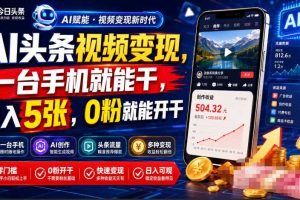 AI头条视频变现，一台手机就能干，日入5张，0粉就能开干