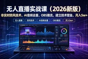 （19525期）无人直播实战课（更新7月），非实时防风技术、AI音频去重、OBS推流，建立技术壁垒，月入5w+