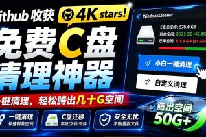 (19528期)Github收获 4K stars!免费C盘清理神器,轻松腾出几十G空间,支持C盘迁移 Windows Cleaner
