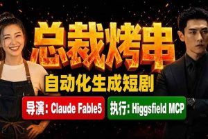 （19541期）《总裁烤串》真人短剧全自动诞生！Claude Fable5 当导演，Higgsfield MCP 执行！