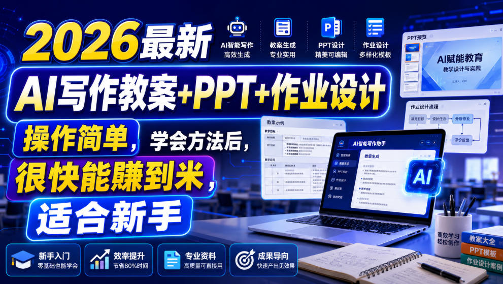 2026最新AI写作教案+PPT+作业设计,操作简单,学会方法后,很快能賺到米,适合新手