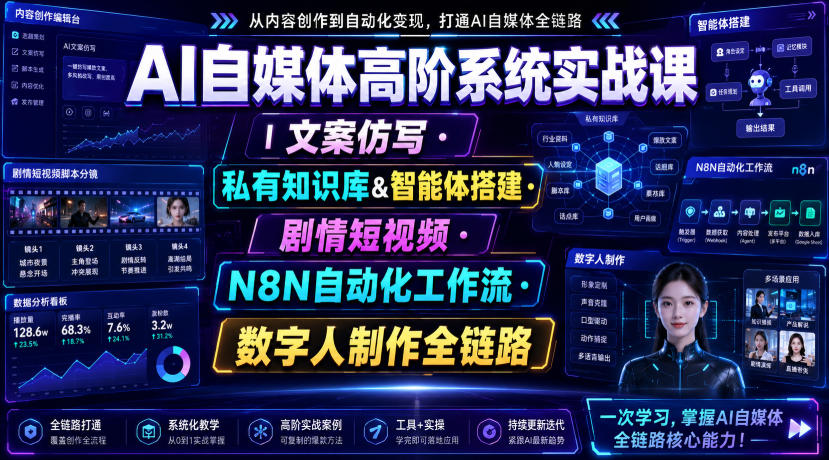AI自媒体高阶系统实战课｜文案仿写・私有知识库&智能体搭建・剧情短视频・N8N自动化工作流・数字人制作全链路