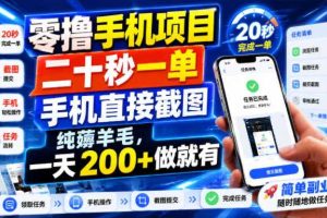 零撸手机项目，二十秒一单，手机直接截图，纯薅羊毛，一天200+做就有【揭秘】