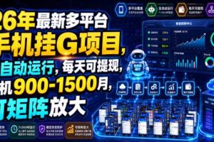 26年最新多平台手机挂G项目，全自动运行，每天可提现，单机900-1500月，可矩阵放大【揭秘】