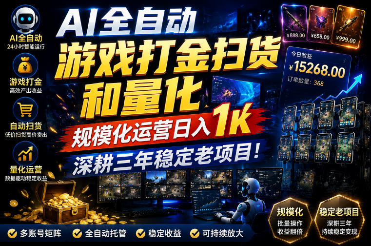 AI全自动游戏打金扫货和量化，规模化运营日入1k，深耕三年稳定老项目！【揭秘】