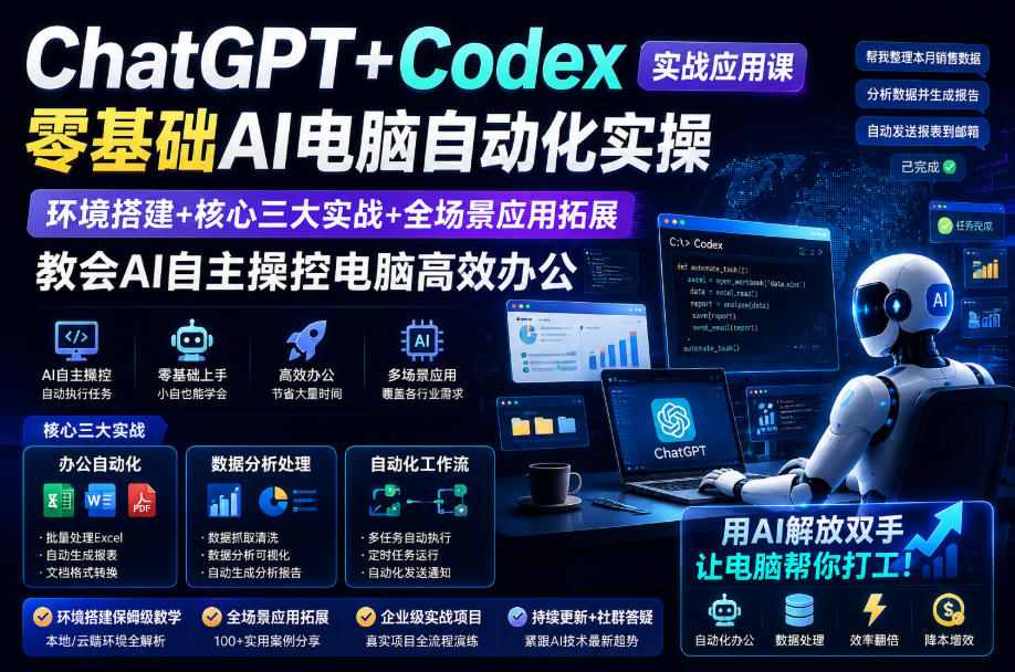 ChatGPT+Codex实战应用课|零基础AI电脑自动化实操,环境搭建+核心三大实战+全场景应用拓展,教会AI自主操控电脑高效办公