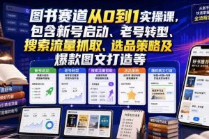 图书赛道从0到1实操课，包含新号启动、老号转型、搜索流量抓取、选品策略及爆款图文打造等
