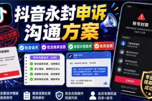 抖音永封申诉沟通方案,包含话术,包含继承违禁,非百分百技术,会员自测