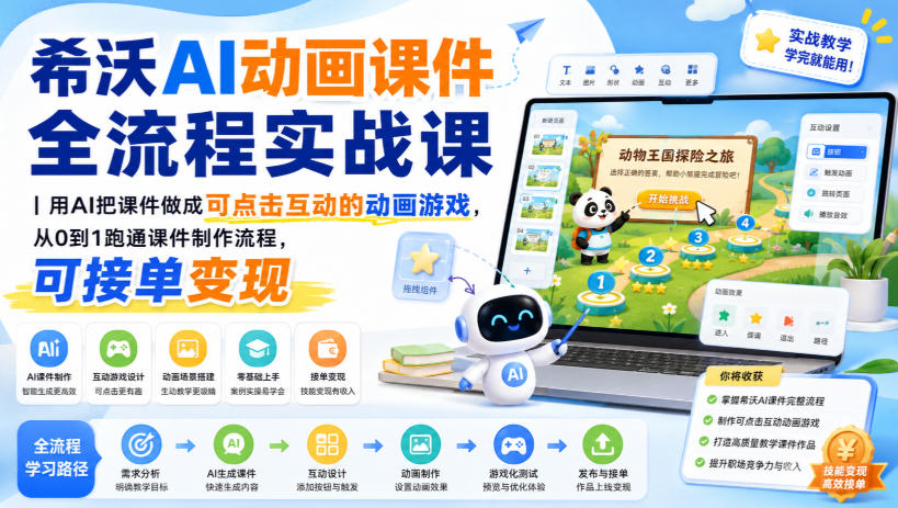 希沃AI动画课件全流程实战课｜用AI把课件做成可点击互动的动画游戏，从0到1跑通课件制作流程，可接单变现