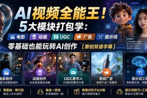 (20048期)AI视频全能王!5大模块打包学:电影、动画、UGC、广告、提示词,零基础也能玩转AI创作【原创双语字幕】