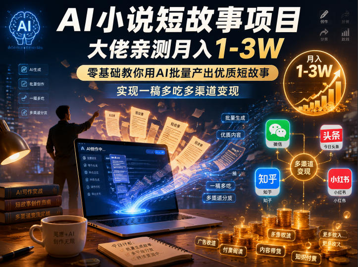 AI小说短故事项目，大佬亲测月入1-3W，零基础教你用AI批量产出优质短故事，实现一稿多吃多渠道变现（更新0824）