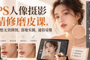 PS人像摄影精修磨皮课,拒绝无效修图,落地实操,通俗易懂