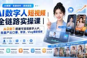 AI数字人短视频全链路实操课|从0到1搭建可变现数字人IP,批量产出口播、带货、Vlog爆款视频