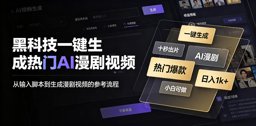 黑科技一键生成热门AI漫剧视频，十秒钟即可搞定，小白也能日入1k+【揭秘】