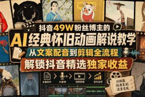 抖音49W粉丝博主的AI经典怀旧动画解说教学，从文案配音到剪辑全流程，解锁抖音精选独家收益