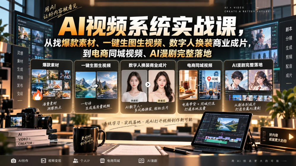 AI视频系统实战课,从找爆款素材、一键生图生视频、数字人换装商业成片,到电商同城视频、AI漫剧完整落地