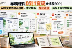 学科课件0到1变现全流程SOP|AI批量制作精品课件、优化排版、笔记引流、商品上架完整实操