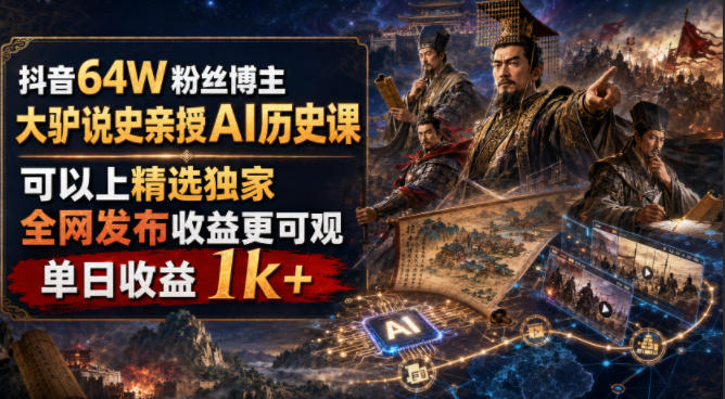 抖音64W粉丝博主大驴说史亲授AI历史课，可以上精选独家，全网发布收益更可观，单日收益1k+（更新）