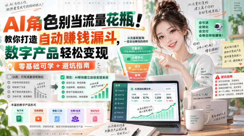 AI角色别当流量花瓶！教你打造自动賺钱漏斗，数字产品轻松变现（零基础可学+避坑指南）【原创双语字幕】