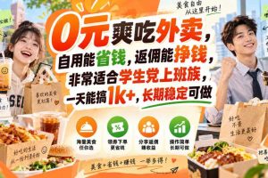 0元爽吃外卖,自用能省钱,返佣能挣钱,非常适合学生党上班族,一天能搞1k+,长期稳定可做