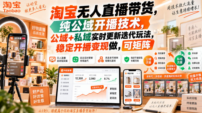 淘宝无人直播带货，纯公域开播技术，公域+私域实时更新迭代玩法，稳定开播变现做，可矩阵【揭秘】